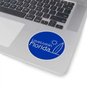 Love Livin In Florida Palm Trees or Surfboard Kiss-Cut Stickers. Solid or transparent, up to 6"X6" round.