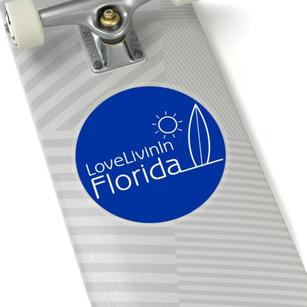 Love Livin In Florida Palm Trees or Surfboard Kiss-Cut Stickers. Solid or transparent, up to 6"X6" round.