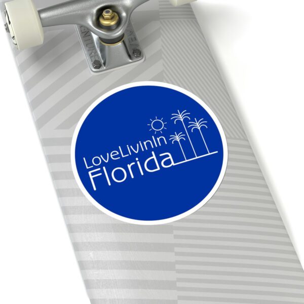 Love Livin In Florida Palm Trees or Surfboard Kiss-Cut Stickers. Solid or transparent, up to 6"X6" round.