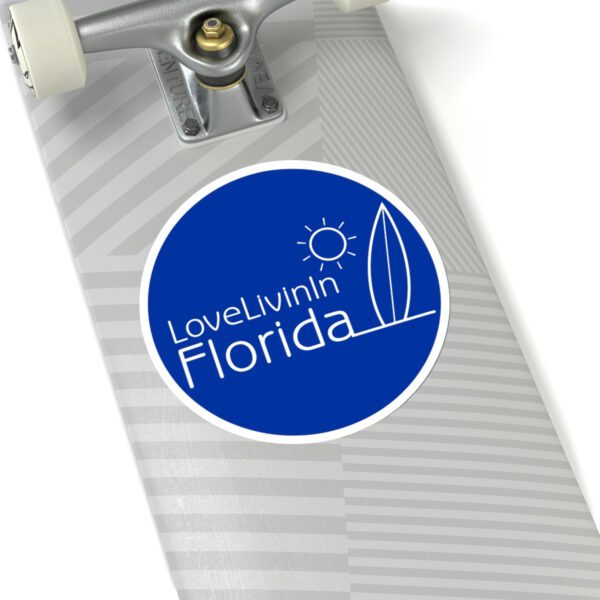 Love Livin In Florida Palm Trees or Surfboard Kiss-Cut Stickers. Solid or transparent, up to 6"X6" round.